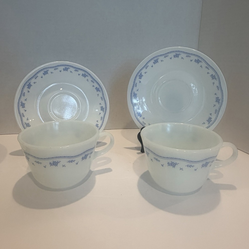 Pyrex Coffee Mug w/ matching Correlle Saucer Morning Blue Pattern Set Of 4 - Picture 8 of 9